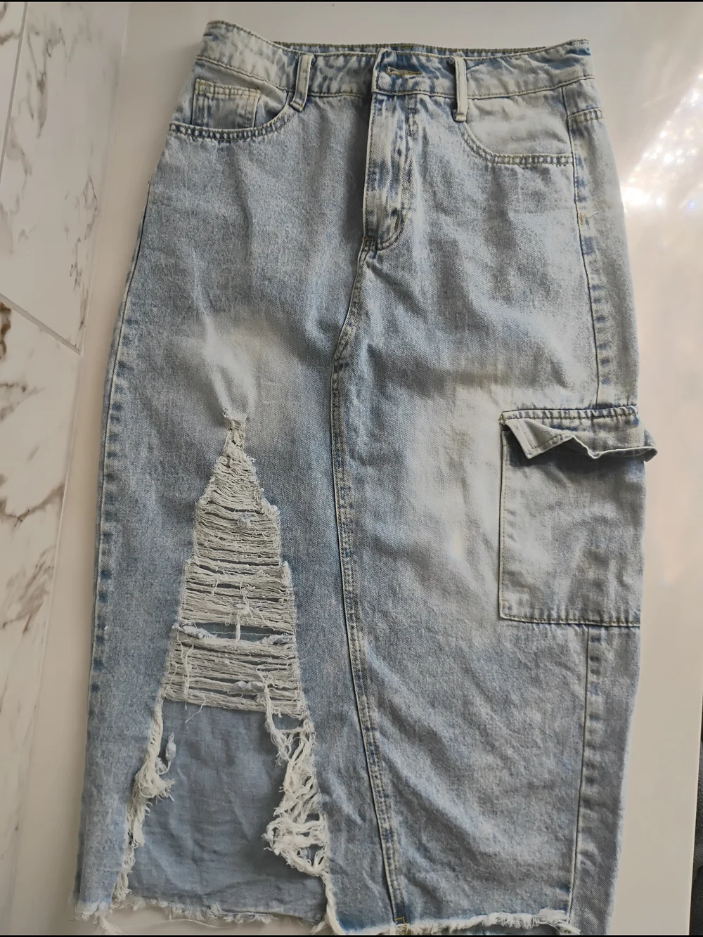 Light Wash Distressed Denim Midi Skirt